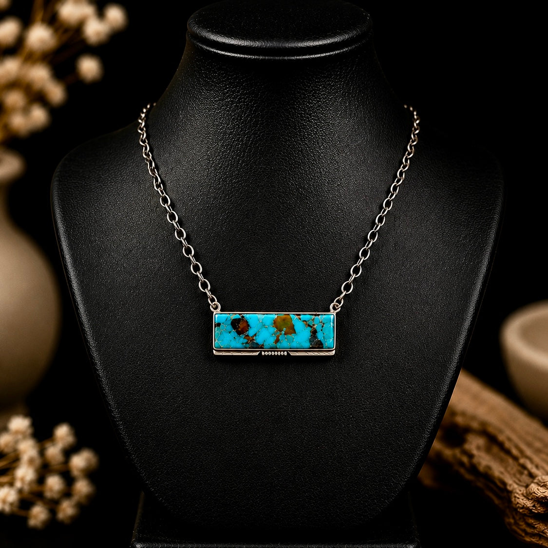 Kingman Turquoise bar necklace handcrafted by Native American artist Steve Francisco