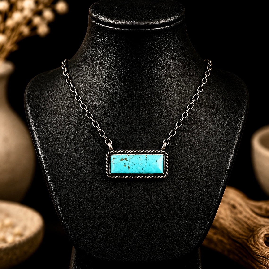 Kingman Turquoise bar necklace handcrafted by Native American artist Johnny Dixon