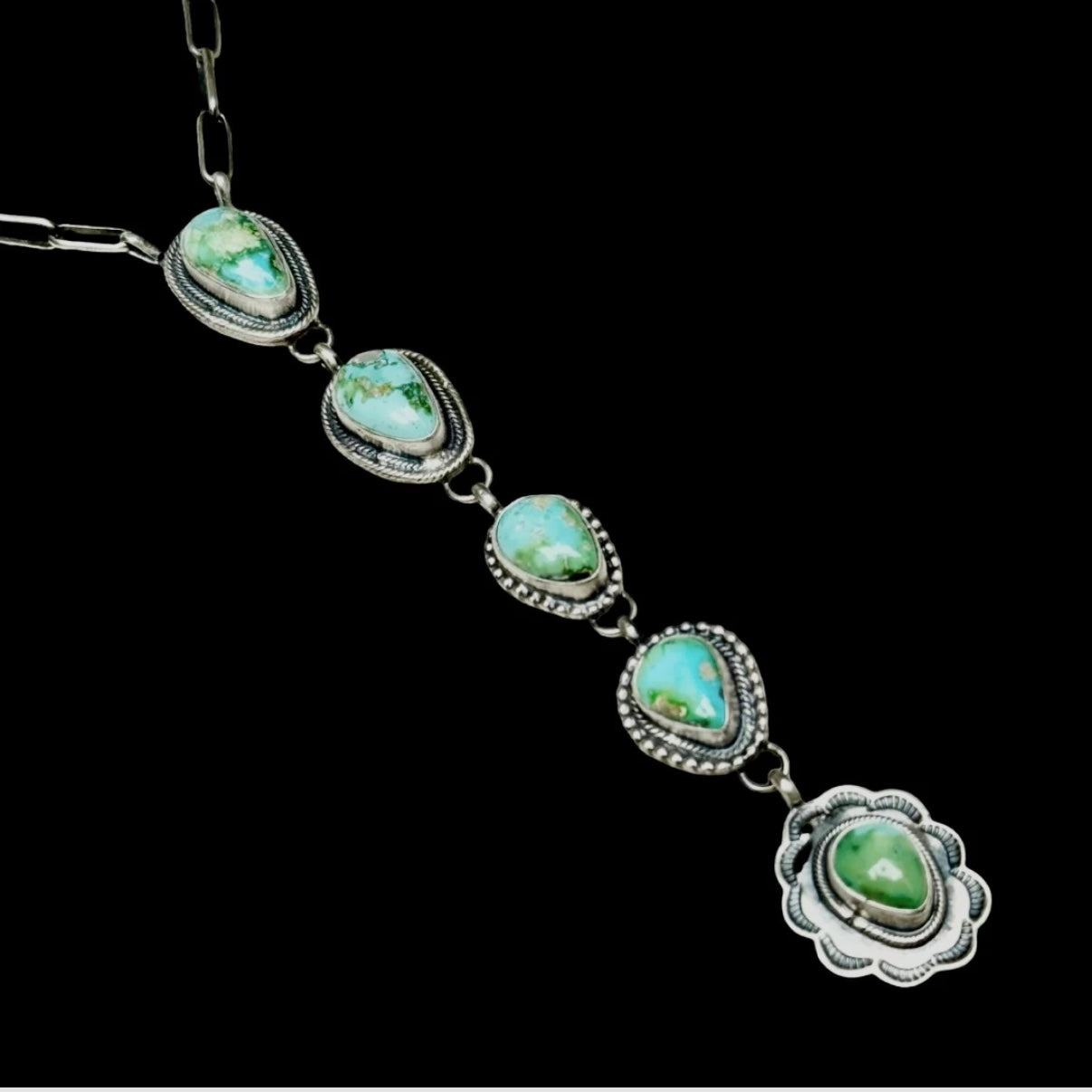 Sonoran Mountain Turquoise lariat handcrafted by Native American artist Bobby Johnson