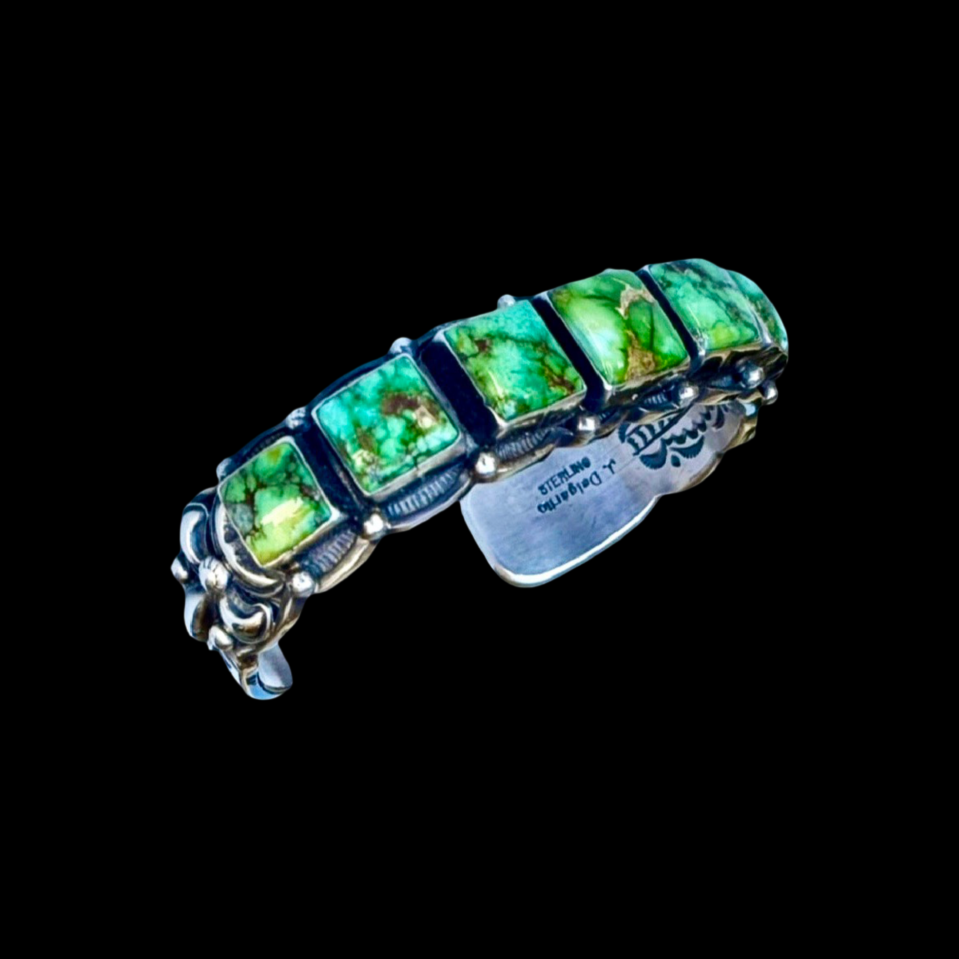 7 Square Sonoran Gold Turquoise cuff handcrafted by Native American artist Jereme Delgarito