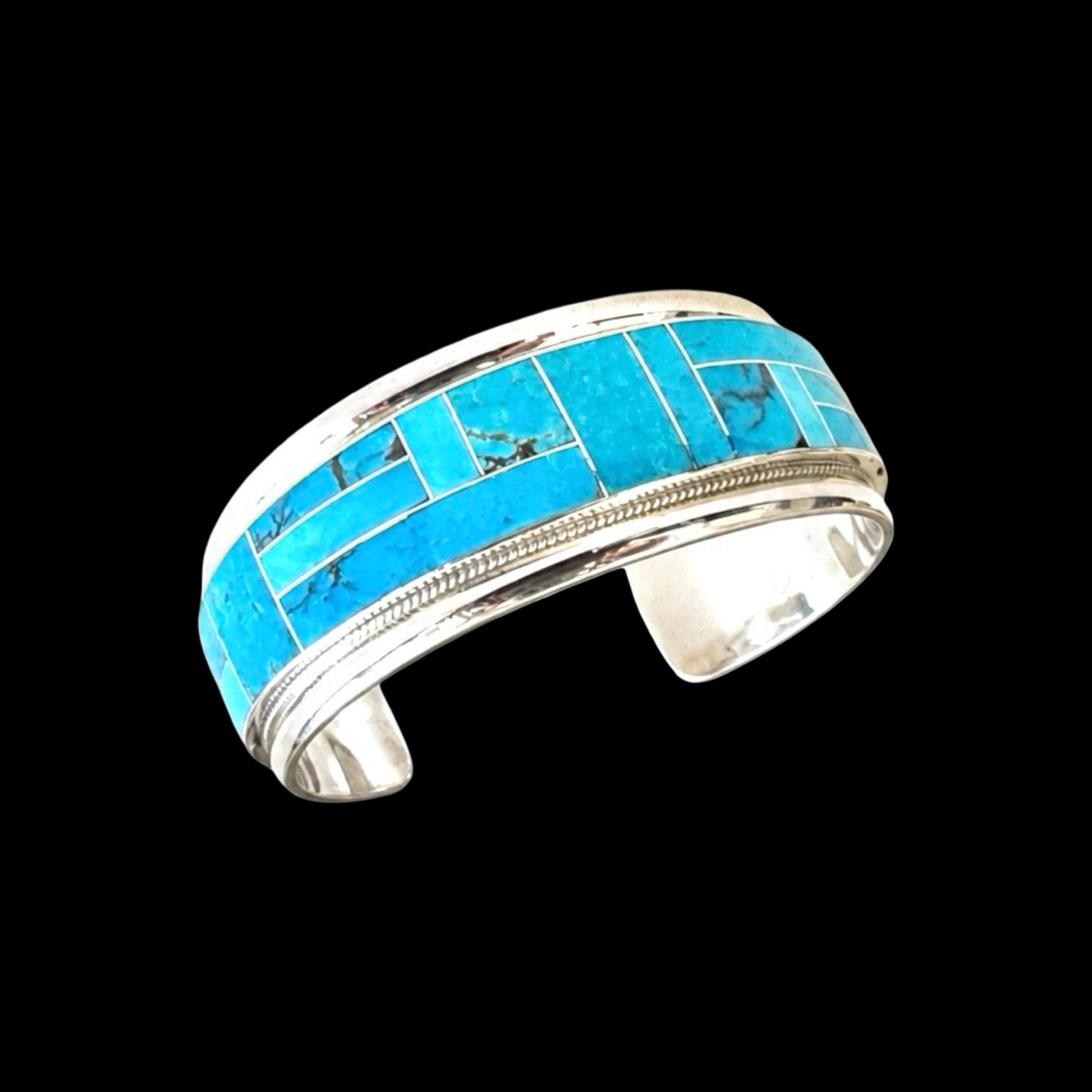 Kingman Inlay Turquoise cuff handcrafted by Native American artist Rick and Glendora Booqua