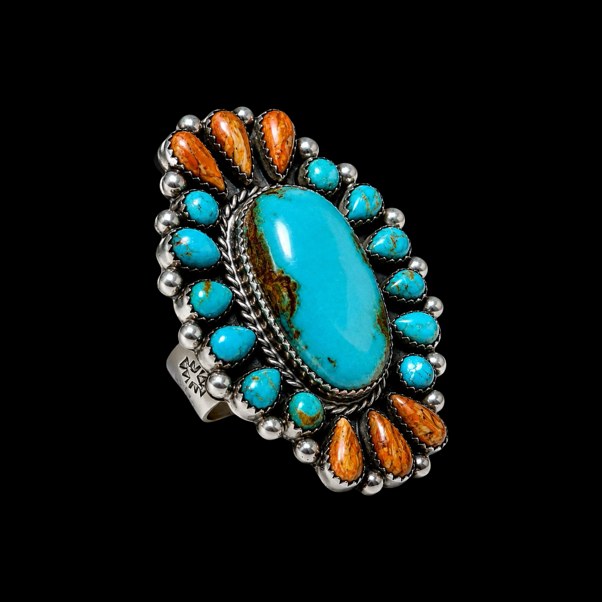 Kingman Turquoise & Orange Spiny Oyster ring handcrafted by Native American artist Lorenzo and Jerilyn Chee