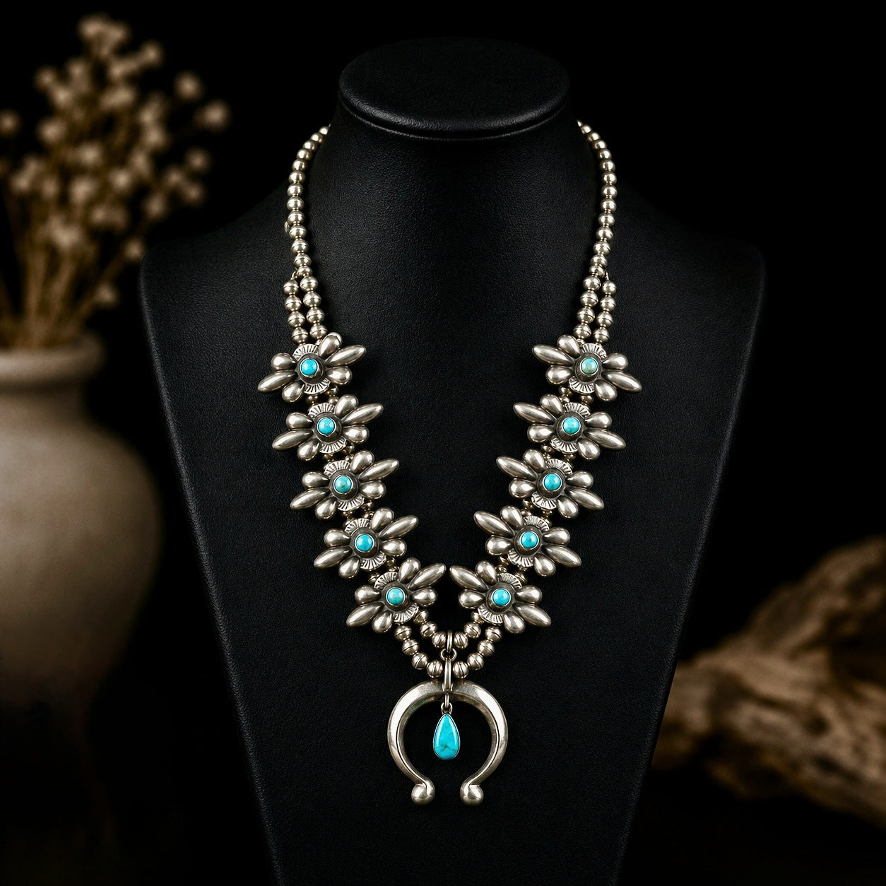 Kingman Turquoise and Sterling Silver squash blossom handcrafted by Native American artist Robert Johnson