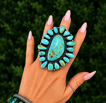 Royston Turquoise ring handcrafted by Native American artist Lorenzo and Jerilyn Chee