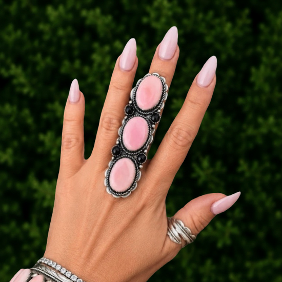 Pink Conch & Black Onyx ring handcrafted by Native American artist Marcus Chavez