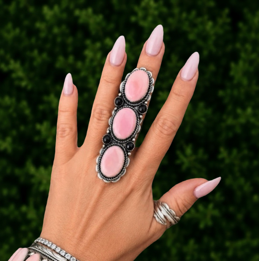Pink Conch & Black Onyx ring handcrafted by Native American artist Marcus Chavez