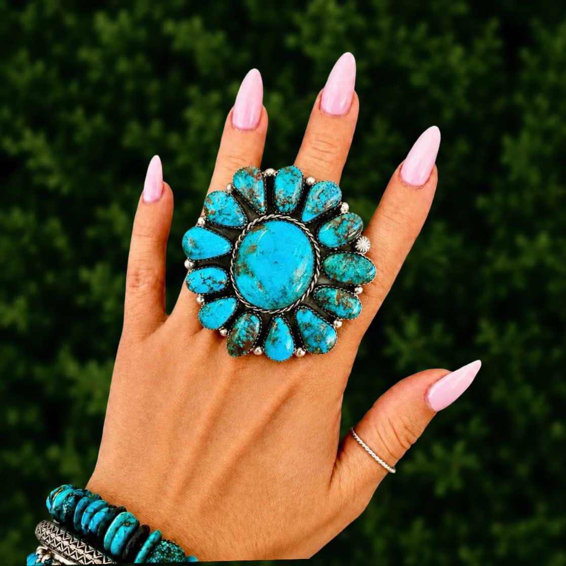 Desert Rose Turquoise ring handcrafted by Native American artist Lorenzo and Jerilyn Chee