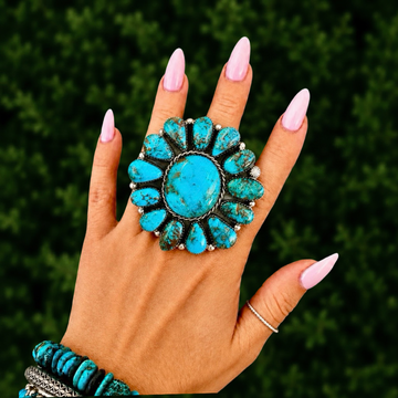 Desert Rose Turquoise ring handcrafted by Native American artist Lorenzo and Jerilyn Chee