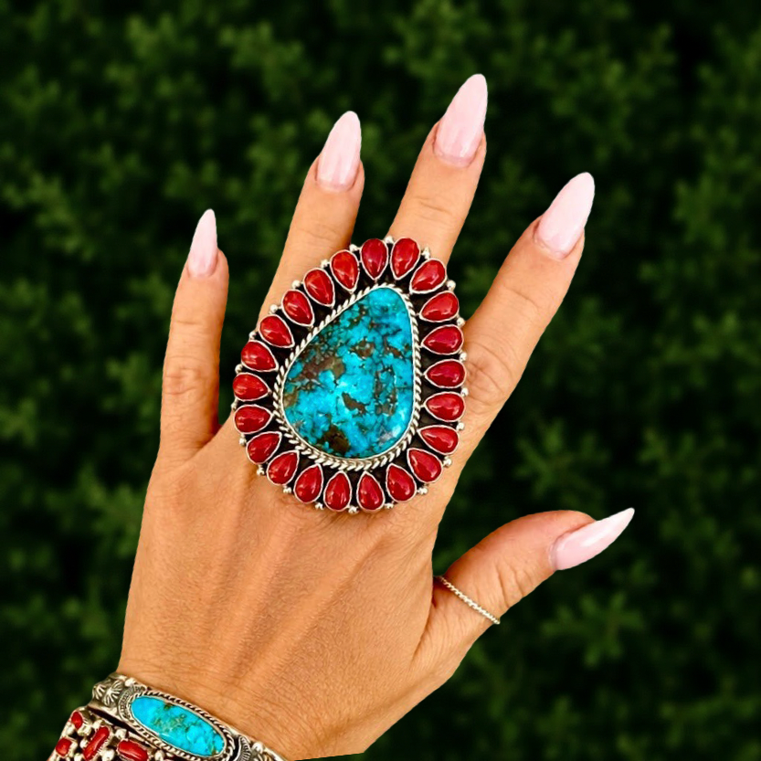 Stormy Mountain Turquoise & Natural Mediterranean Coral ring handcrafted by Native American artist Tonya June Raphael