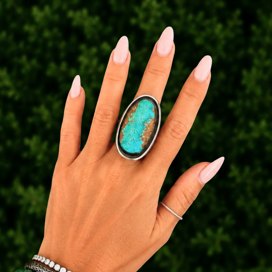 Shadowbox Mine #8 Turquoise ring handcrafted by Native American artist Lorenzo and Jerilyn Chee