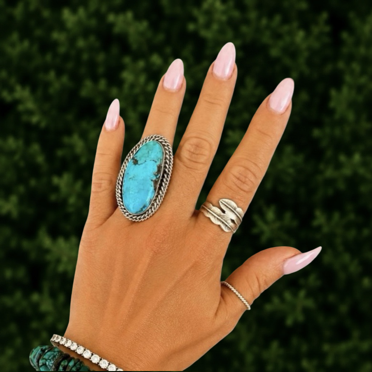 Kingman Turquoise ring handcrafted by Native American artist Lorenzo and Jerilyn Chee