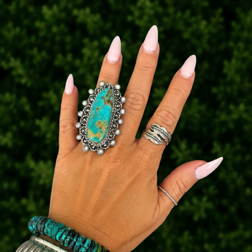 Royston Turquoise (Adjustable) ring handcrafted by Native American artist Lorenzo and Jerilyn Chee