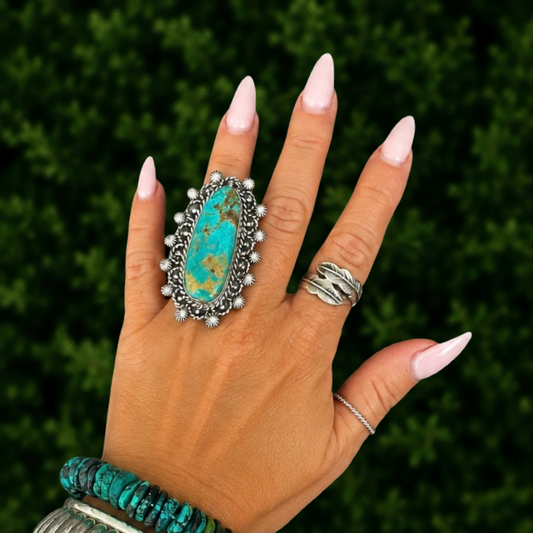 Royston Turquoise (Adjustable) ring handcrafted by Native American artist Lorenzo and Jerilyn Chee