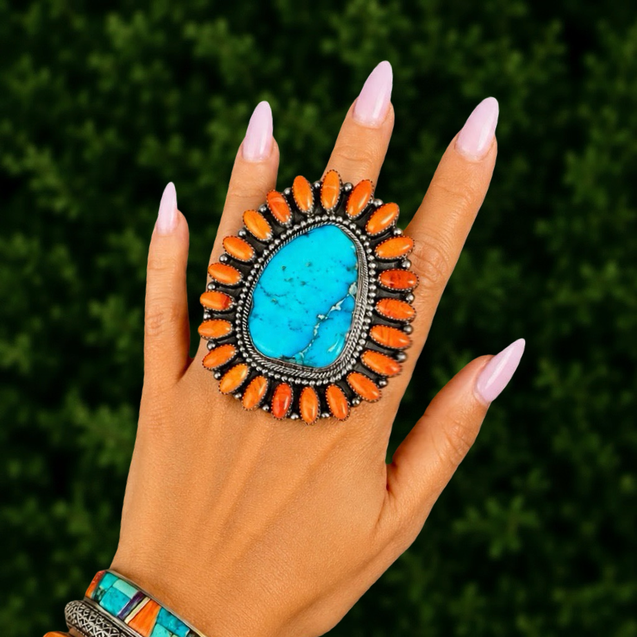 Kingman Turquoise & Orange Spiny Oyster ring handcrafted by Native American artist Hemerson Brown