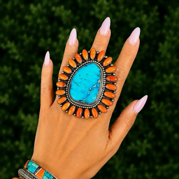 Kingman Turquoise & Orange Spiny Oyster ring handcrafted by Native American artist Hemerson Brown