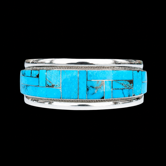 Kingman Inlay Turquoise cuff handcrafted by Native American artist Rick and Glendora Booqua