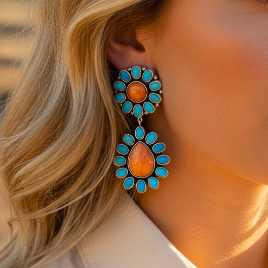 On Earrings - Sleeping Beauty Turquoise & Orange Spiny Oyster earrings handcrafted by Native American artist Federico Jimenez