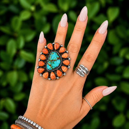 Orange Spiny Oyster & Kingman Turquoiseby Tillie Jon ring handcrafted by Native American artist Tillie Jon
