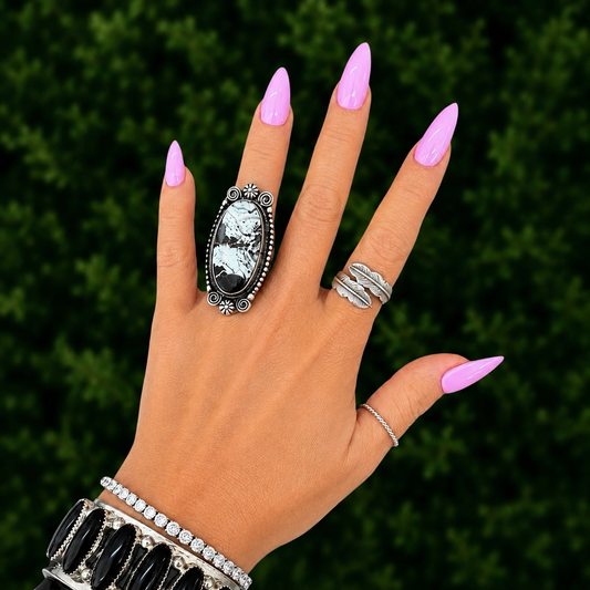 White Buffalo Dolomite ring handcrafted by Native American artist Aaron Robertson