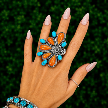 Orange Spiny Oyster with Kingman Turquoise ring handcrafted by Native American artist Hemerson Brown