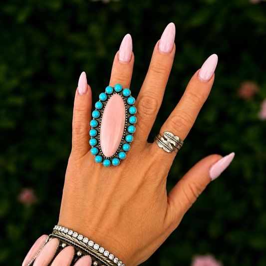 Sleeping Beauty Turquoise & Pink Conch ring handcrafted by Native American artist Ned Nez
