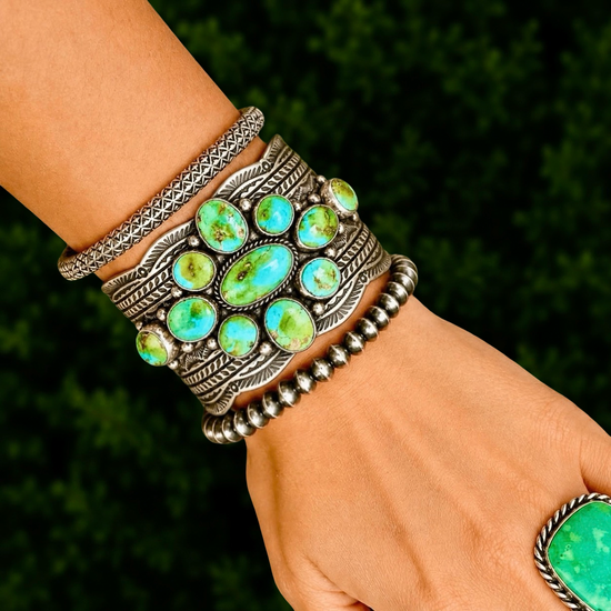 Natural Sonoran Gold Turquoise cuff handcrafted by Native American artist Guy Hoskie