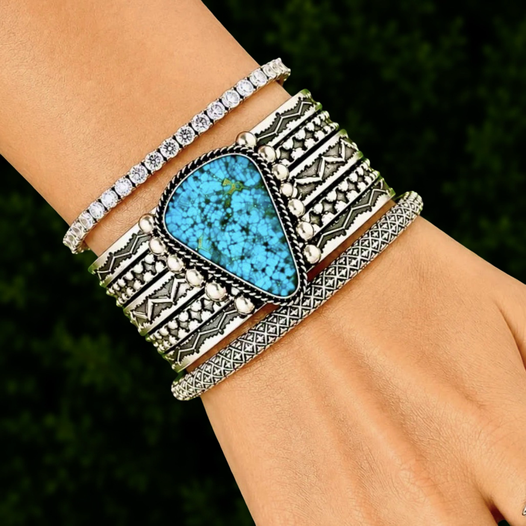 High-Grade Natural Spiderweb Kingman Turquoise cuff handcrafted by Native American artist Sunshine Reeves