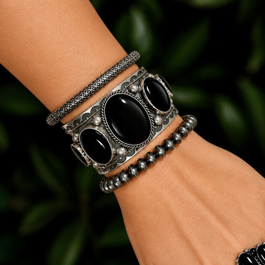 5 Stone Black Onyx cuff handcrafted by Native American artist Guy Hoskie
