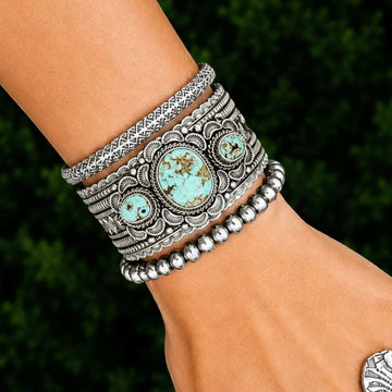 3 Stone Dry Creek Turquoise bracelet handcrafted by Native American artist June Delgarito