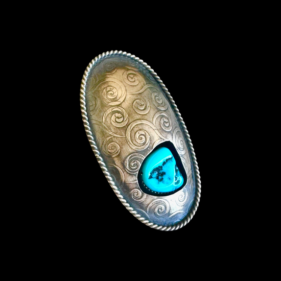 Sleeping Beauty Turquoise & Stamped Sterling Silver ring handcrafted by Native American artist Marcus Chavez