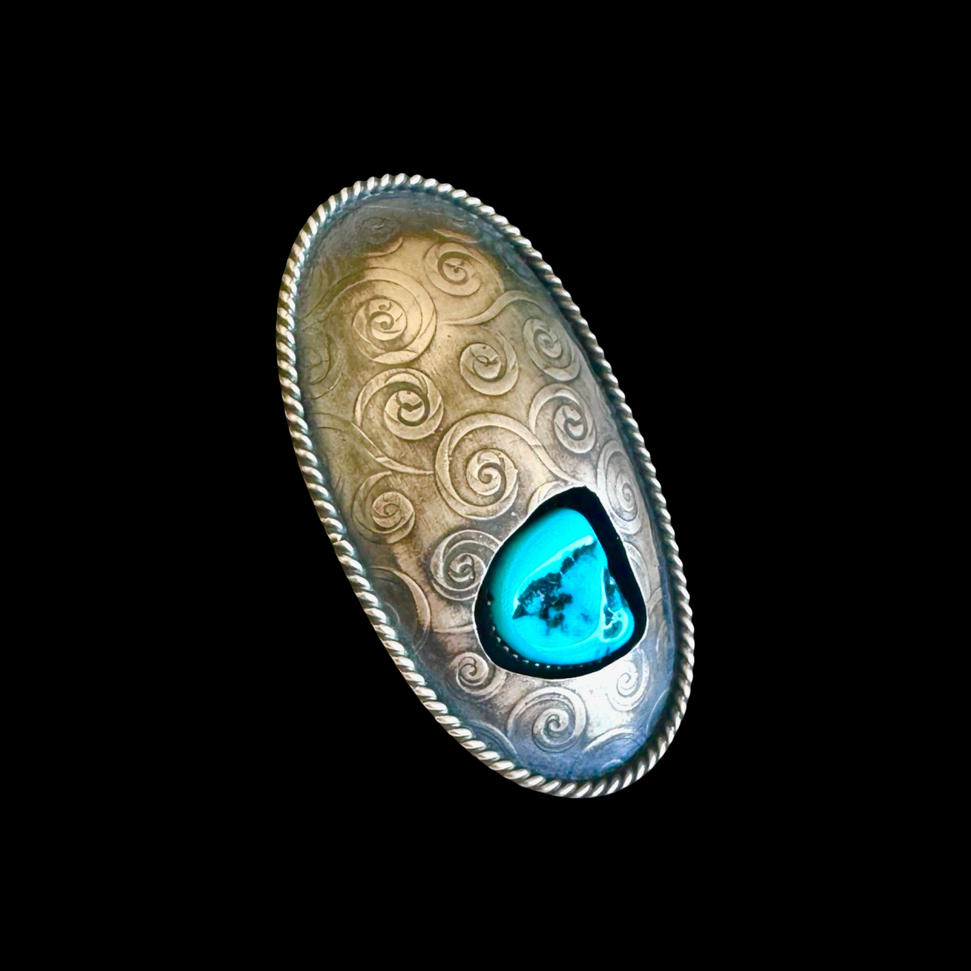 Sleeping Beauty Turquoise & Stamped Sterling Silver ring handcrafted by Native American artist Marcus Chavez
