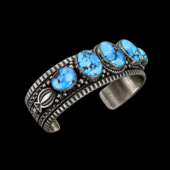 5 Stone High-Grade Natural Golden Hills Turquoise cuff handcrafted by Native American artist Happy Piasso