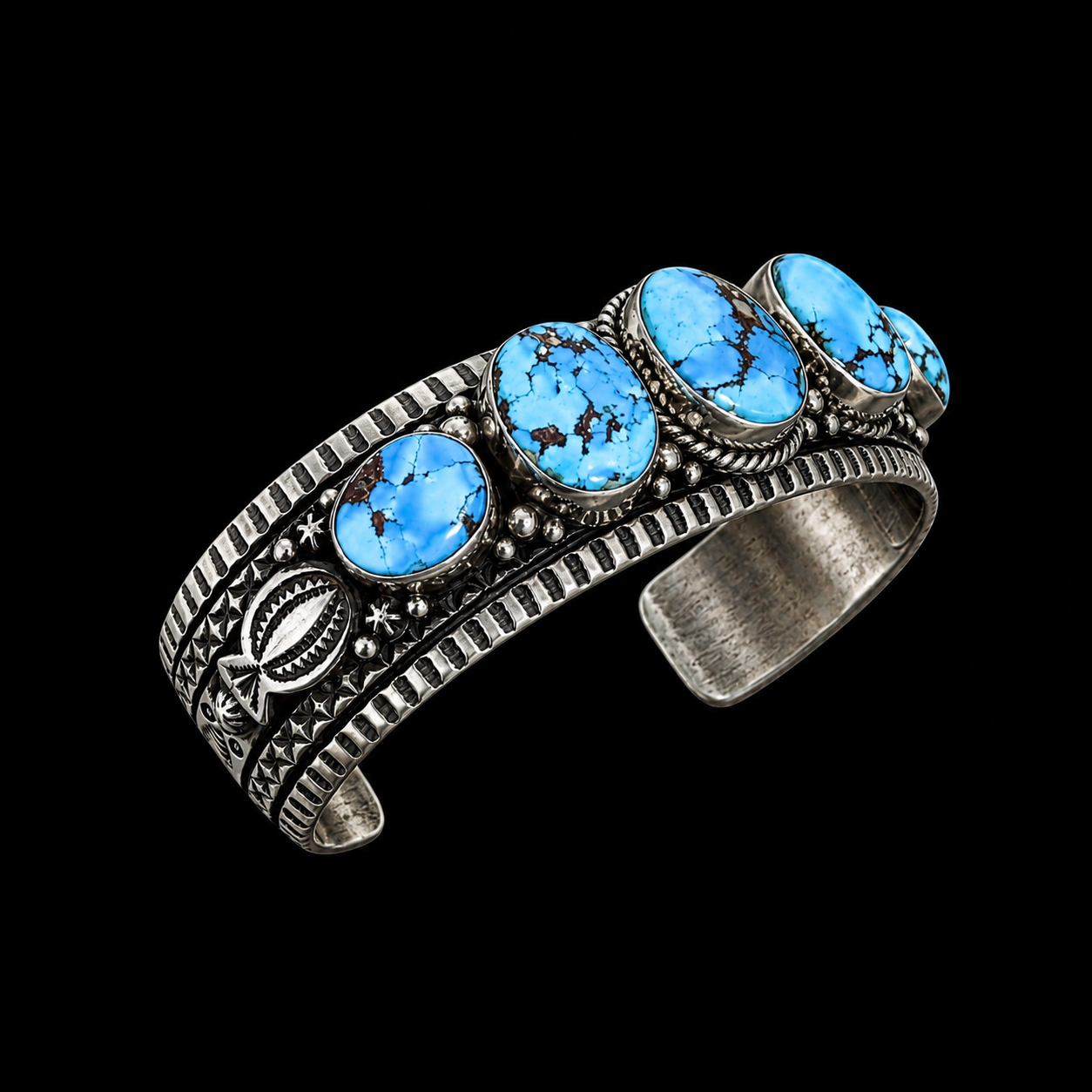 5 Stone High-Grade Natural Golden Hills Turquoise cuff handcrafted by Native American artist Happy Piasso