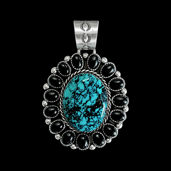 Kingman Turquoise & Black Onyx pendant handcrafted by Native American artist Lorenzo and Jerilyn Chee ￼