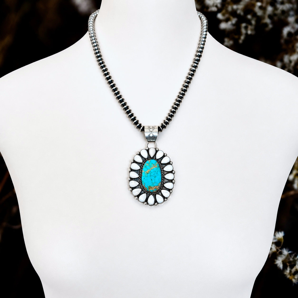 Kingman Turquoise & MOP pendant handcrafted by Native American artist Lorenzo and Jerilyn Chee ￼