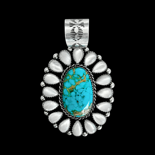 Kingman Turquoise & MOP pendant handcrafted by Native American artist Lorenzo and Jerilyn Chee ￼