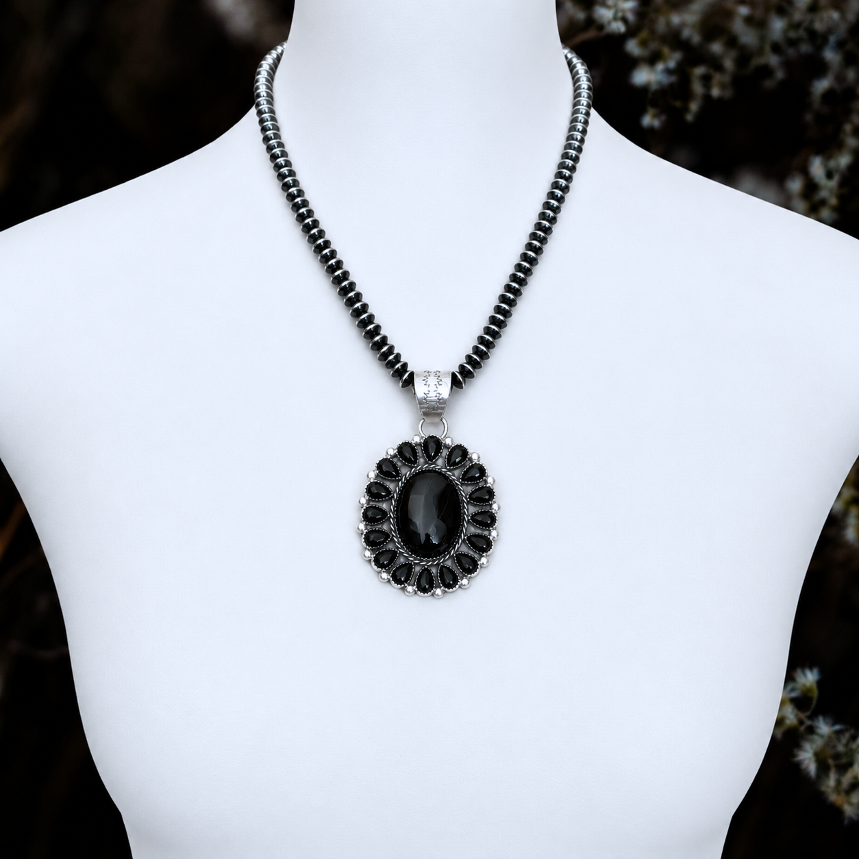 Black Onyx pendant handcrafted by Native American artist Lorenzo and Jerilyn Chee