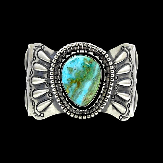 Natural Candelaria Turquoise bracelet handcrafted by Native American artist Raymond Delgarito