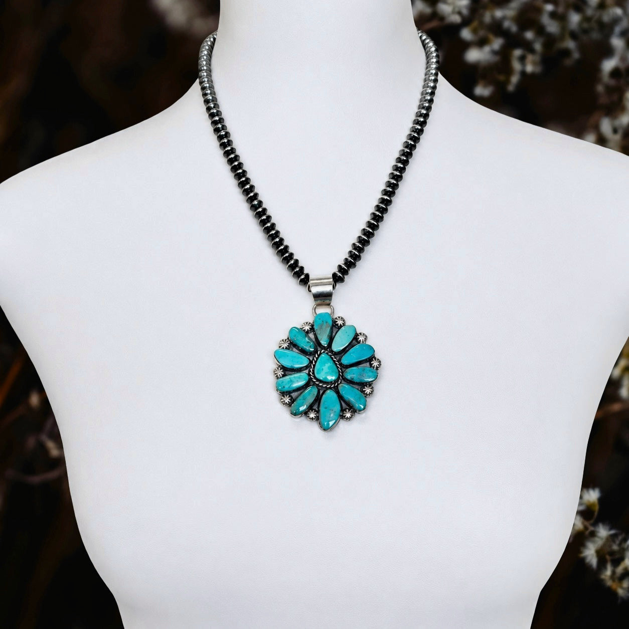 Kingman Turquoise pendant handcrafted by Native American artist Lorenzo and Jerilyn Chee