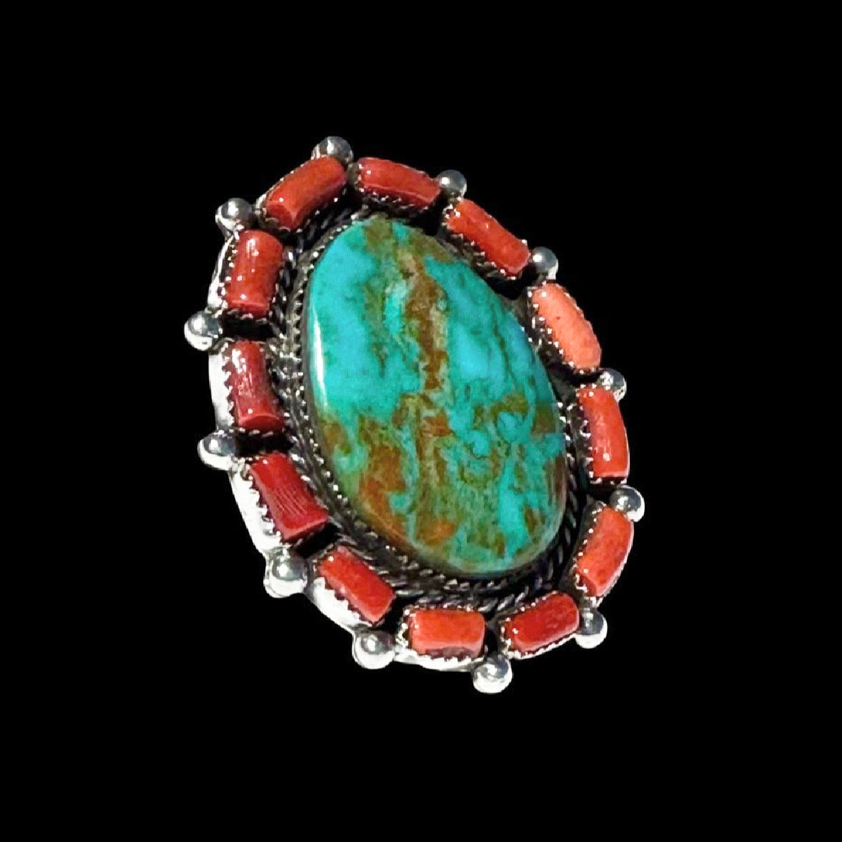 Royston Turquoise & Mediterranean Coral ring handcrafted by Native American artist Lorenzo and Jerilyn Chee