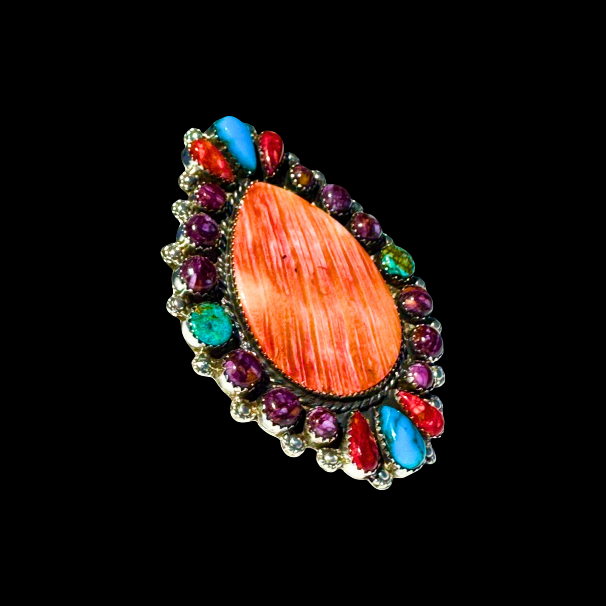 Kingman Turquoise & Spiny Oyster Mix ring handcrafted by Native American artist Lorenzo and Jerilyn Chee