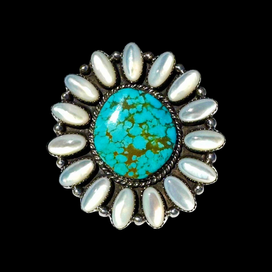 Kingman Turquoise and MOP ring handcrafted by Native American artist Lorenzo and Jerilyn Chee