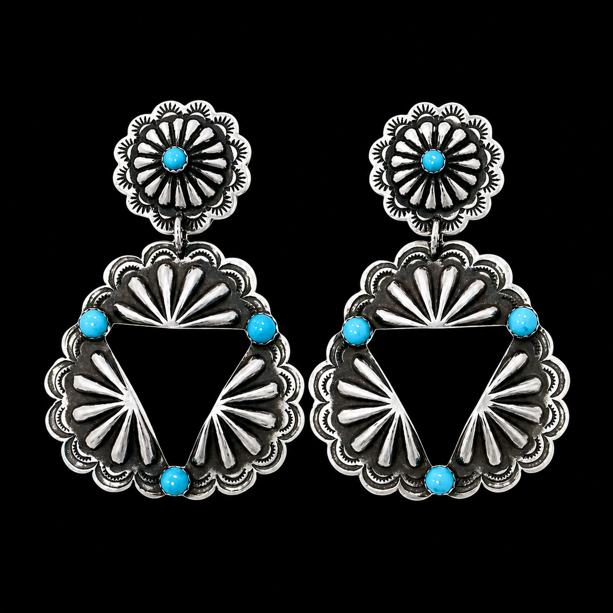 Kingman Turquoise earrings handcrafted by Native American artist Leander Tahe
