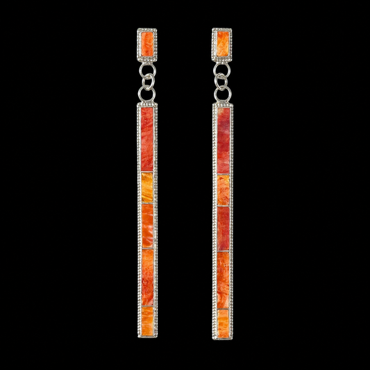Orange Spiny Oyster Inlay earrings handcrafted by Native American artist Rick Booqua
