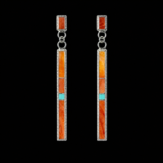Orange Spiny Oyster Inlay earrings handcrafted by Native American artist Rick Booqua
