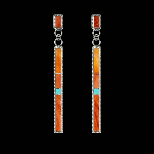 Orange Spiny Oyster Inlay earrings handcrafted by Native American artist Rick Booqua