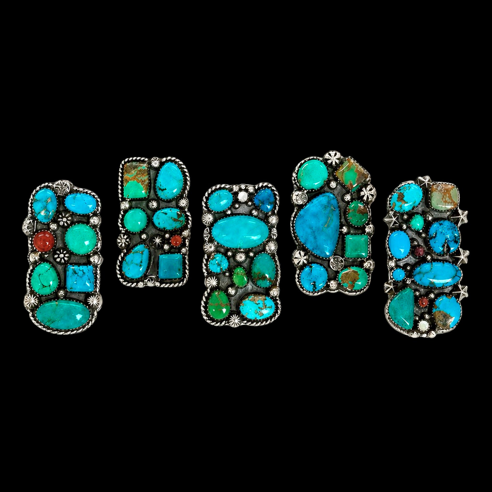 Mixed Mine Turquoise ring handcrafted by Native American artist Lorenzo and Jerilyn Chee
