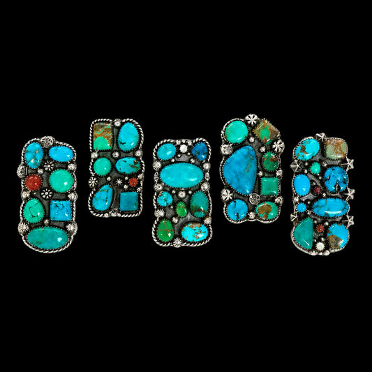 Mixed Mine Turquoise ring handcrafted by Native American artist Lorenzo and Jerilyn Chee